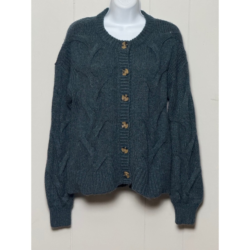 Madewell Women's Cable Knit Cardigan Sweater Teal Blue Wool Blend Size XS